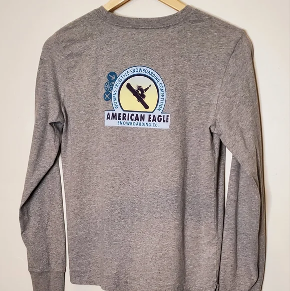 Snowboard Style Gray Long Sleeve T-Shirt with American Eagle Logo and Graphics - Picture 6 of 7